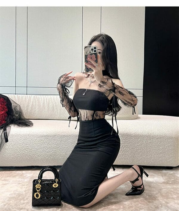 Sexy Fashion Off Shoulder Lace Splicing Bodycon Dress 4