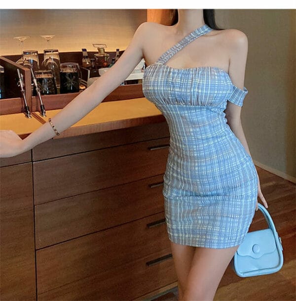 Sexy Fashion Pleated Straps Plaids Bodycon Dress 4