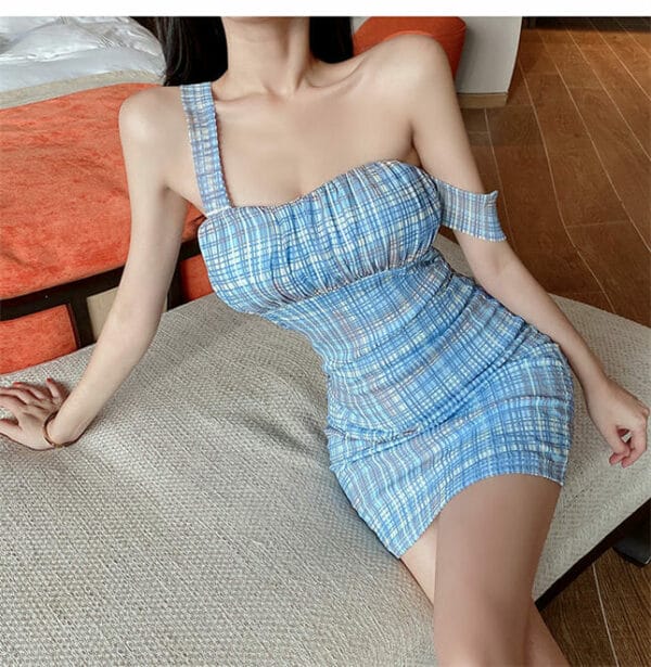 Sexy Fashion Pleated Straps Plaids Bodycon Dress 3