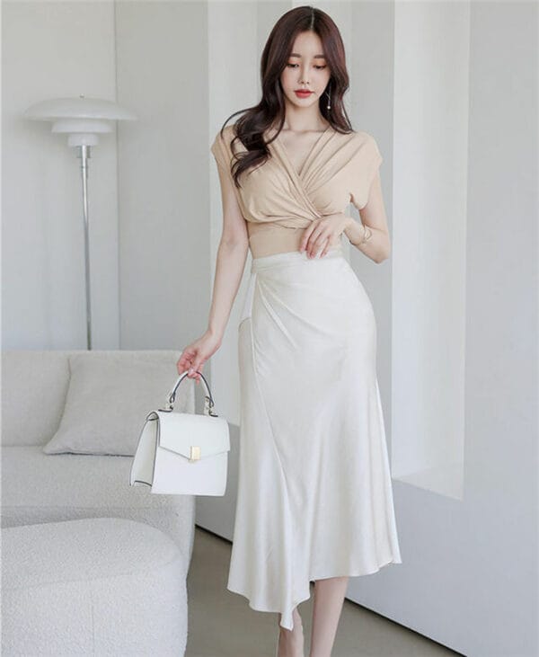 Sexy Fashion Pleated V-neck High Waist Fishtail Dress Set 4