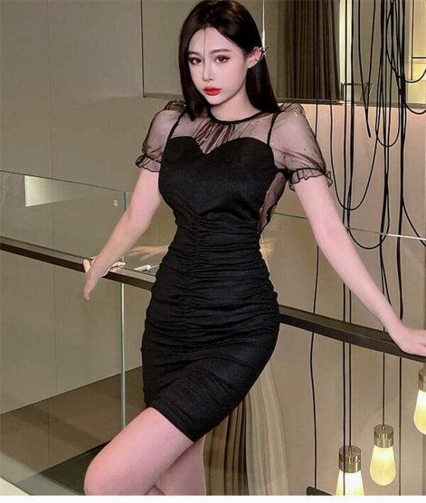 Sexy Gauze Puff Sleeve Pleated Skinny Dress 3