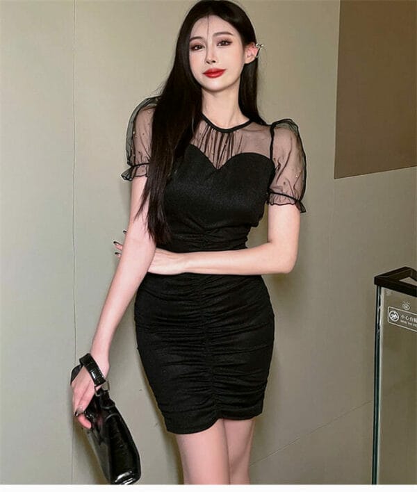 Sexy Gauze Puff Sleeve Pleated Skinny Dress 2