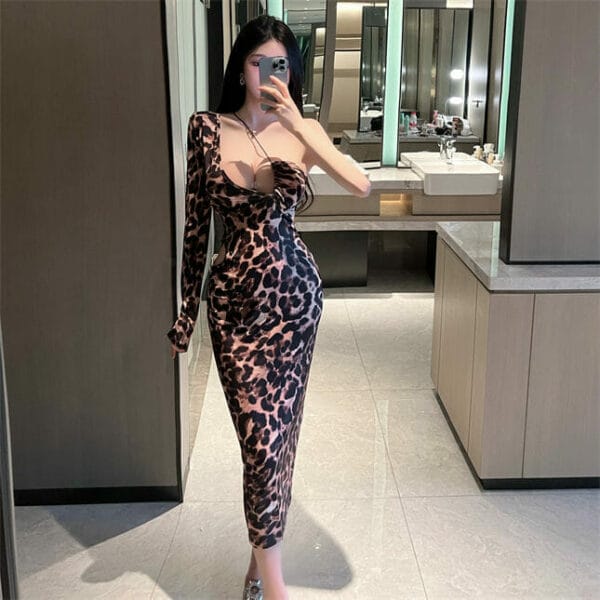 Sexy Hot Low Bust Hollow Out Leopard Skinny Long Dress 3