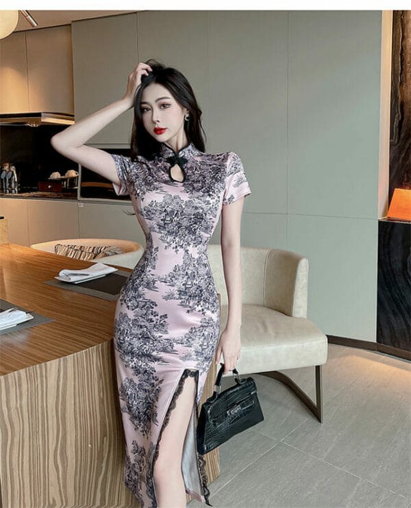 Sexy Ink Flowers Lace Split Skinny Cheongsam Dress 4