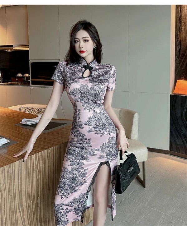 Sexy Ink Flowers Lace Split Skinny Cheongsam Dress 3