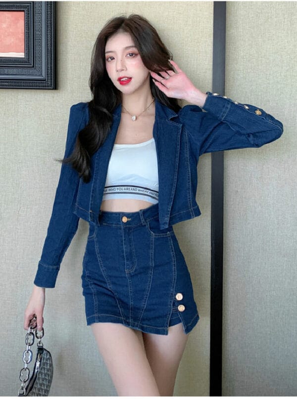 Sexy Korea 2 Colors Tailored Collar Denim Jacket with Skirtpants 5