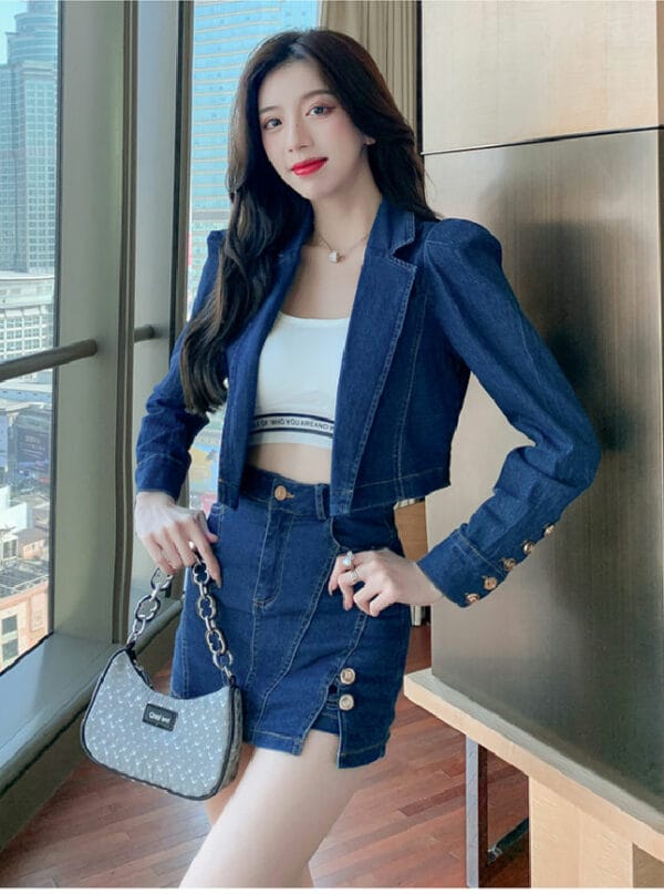 Sexy Korea 2 Colors Tailored Collar Denim Jacket with Skirtpants 4