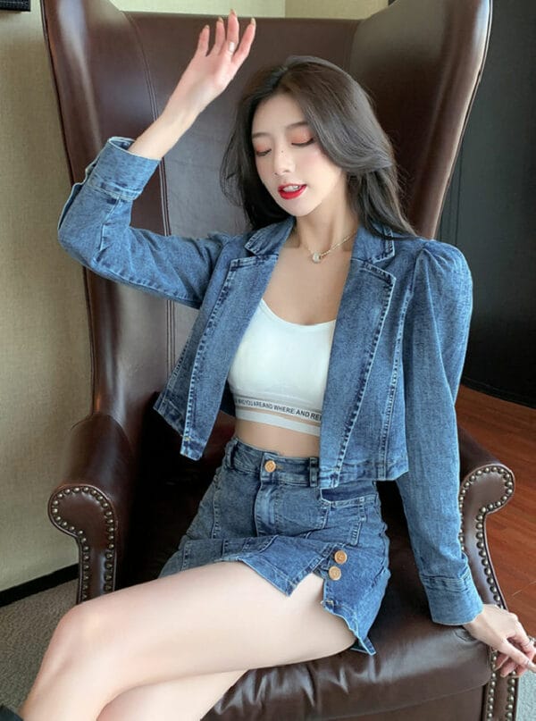 Sexy Korea 2 Colors Tailored Collar Denim Jacket with Skirtpants 3