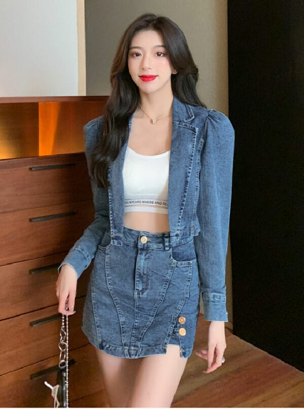 Sexy Korea 2 Colors Tailored Collar Denim Jacket with Skirtpants 2