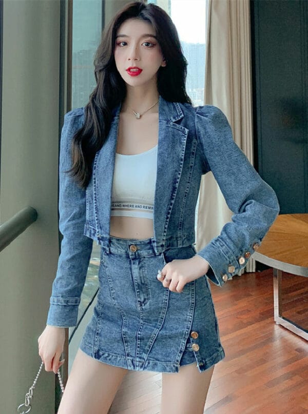Sexy Korea 2 Colors Tailored Collar Denim Jacket with Skirtpants 1