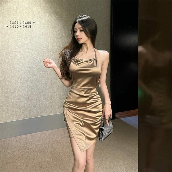 Sexy Korea Chain Straps Backless Pleated Slim Dress 4