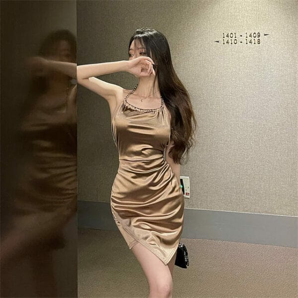 Sexy Korea Chain Straps Backless Pleated Slim Dress 3