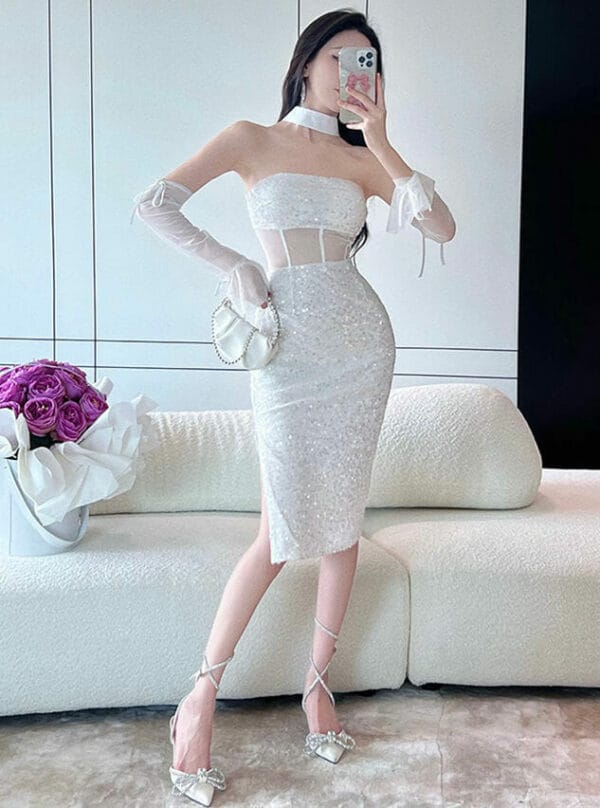 Sexy Korea Gauze Flare Sleeve Sequins Bodycon Dress 4