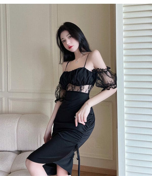 Sexy Lace Splicing Pleated Skinny Straps Dress 3