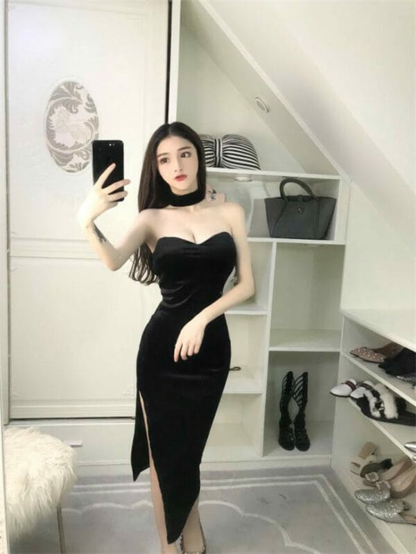 Sexy Lady 2 Colors Split Skinny Strapless Velvet Dress 4