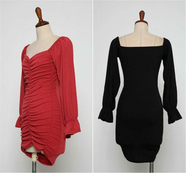 Sexy Lady 2 Colors Square Collar Pleated Puff Sleeve Dress 6