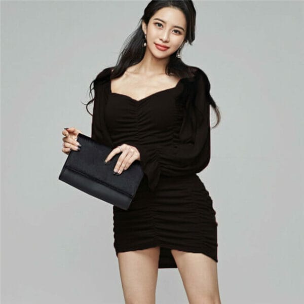 Sexy Lady 2 Colors Square Collar Pleated Puff Sleeve Dress 4