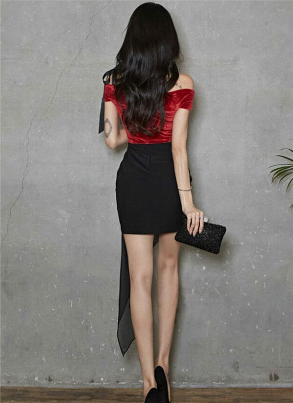 Sexy Lady Color Block Boat Neck Velvet Slim Dress 5