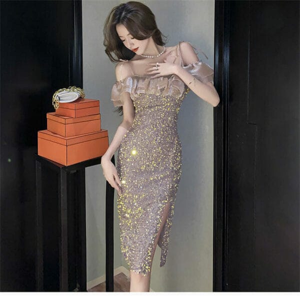 Sexy Lady Flouncing Boat Neck Sequins Slim Straps Dress 5