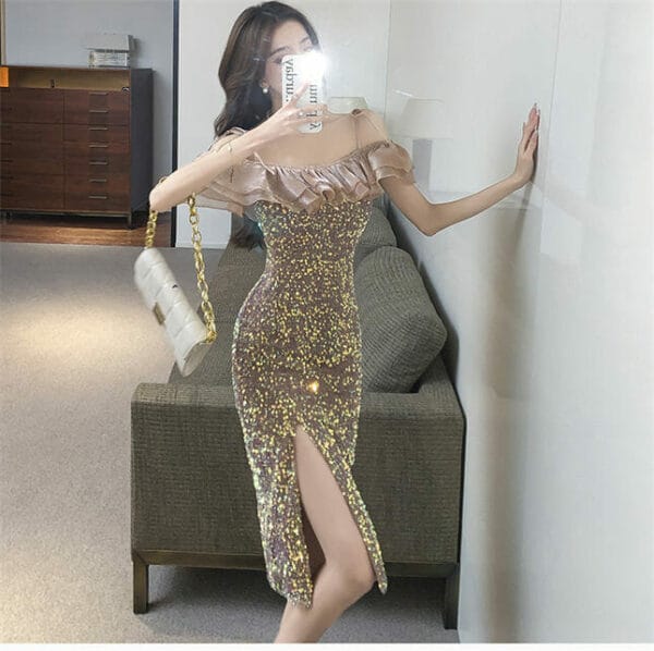Sexy Lady Flouncing Boat Neck Sequins Slim Straps Dress 3