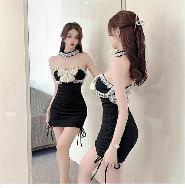 Sexy Lady Lace Flouncing Bowknot Draw-string Pleated Dress 4