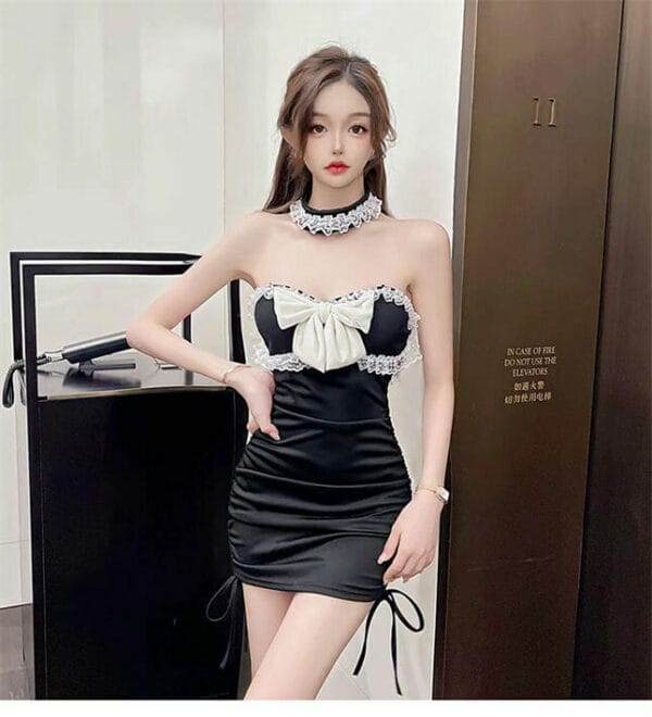 Sexy Lady Lace Flouncing Bowknot Draw-string Pleated Dress 3