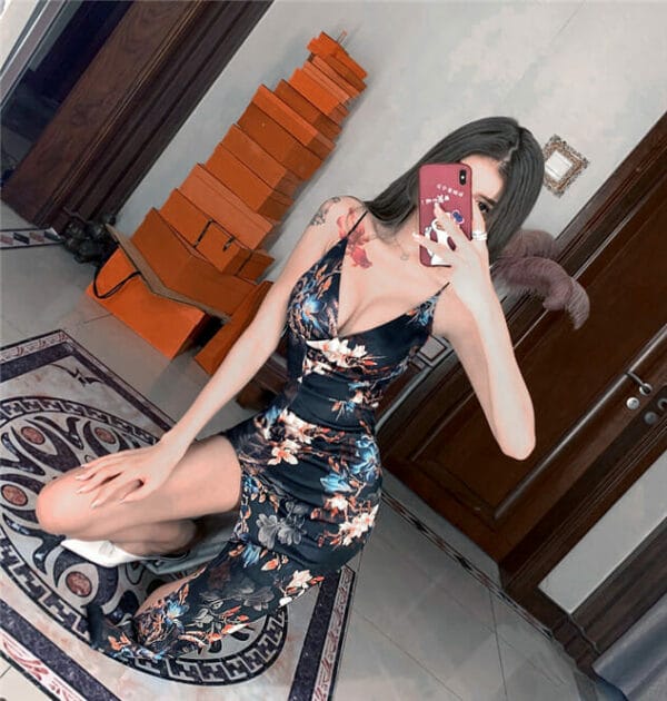 Sexy Lady Low V-neck Flowers Split Straps Dress 2