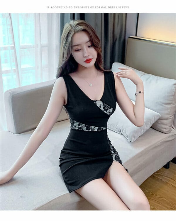 Sexy Lady V-neck Lace Flowers Bodycon Tank Dress 4