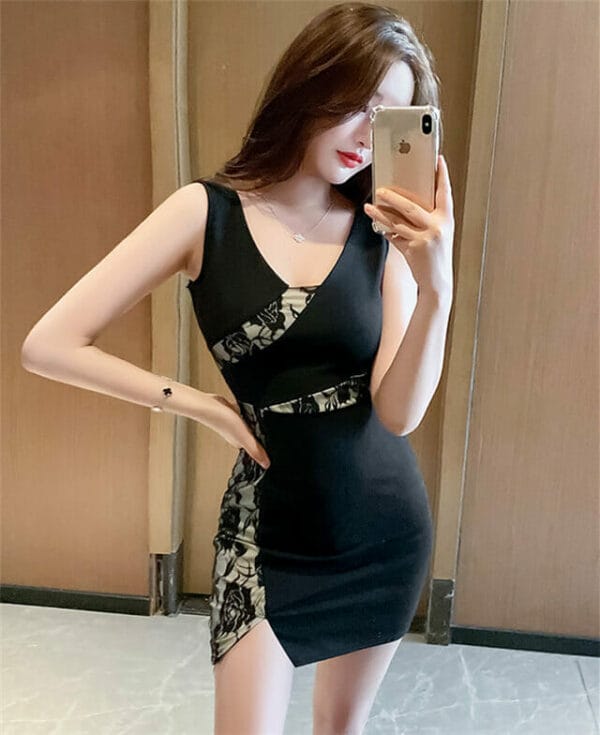 Sexy Lady V-neck Lace Flowers Bodycon Tank Dress 3