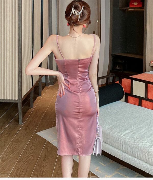 Sexy Low V-neck Pleated Straps Split Dress 5