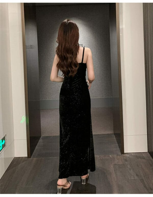 Sexy Low V-neck Shining Split Velvet Maxi Dress 6