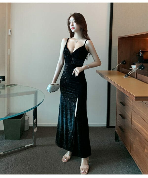 Sexy Low V-neck Shining Split Velvet Maxi Dress 5