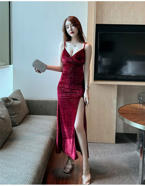 Sexy Low V-neck Shining Split Velvet Maxi Dress 3