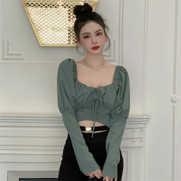 Sexy Retro Square Collar Pleated Puff Sleeve Short Blouse 4
