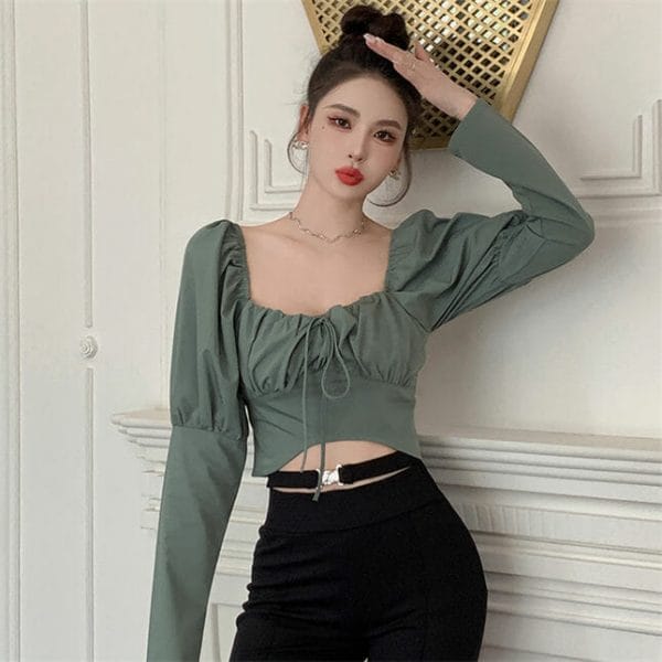 Sexy Retro Square Collar Pleated Puff Sleeve Short Blouse 2