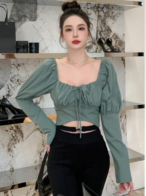Sexy Retro Square Collar Pleated Puff Sleeve Short Blouse 1