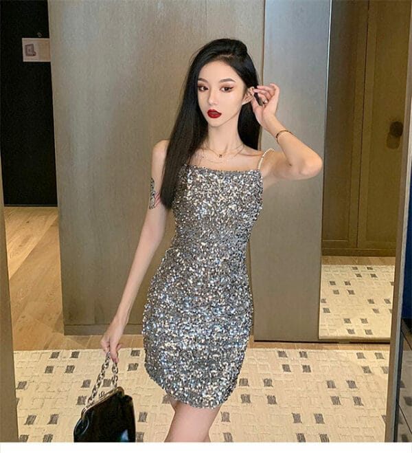 Sexy Sequins Pearl Straps Skinny Dress 2