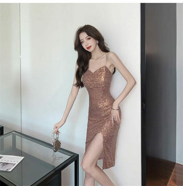 Sexy Sequins Split Bodycon Straps Dress 3