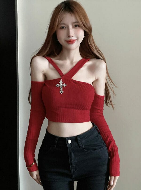 Sexy Spring Off Shoulder Halter Knitting T-shirt 7