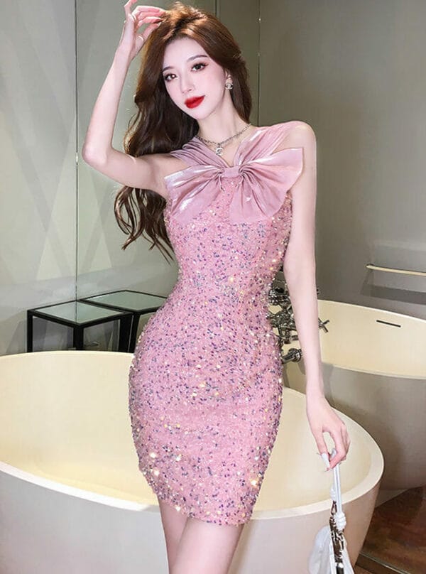 Sexy Summer Bowknot Sequins Straps Bodycon Dress 1