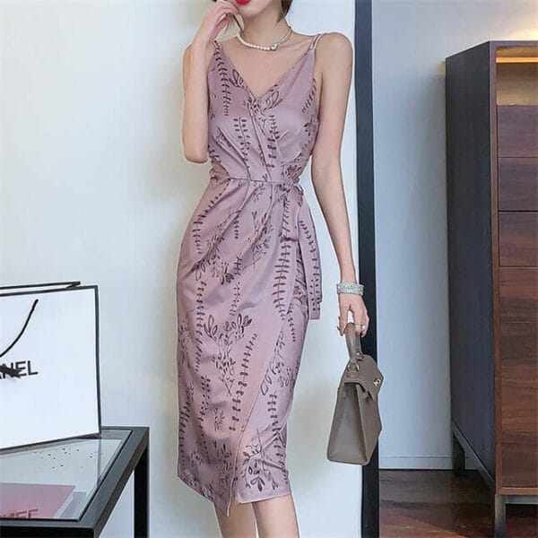 Sexy V-neck Tie Waist Flowers Straps Dress 3