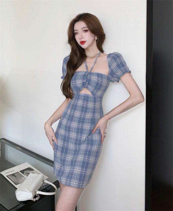 Sexy Wholesale Hollow Out Boat Neck Plaids Halter Dress 2