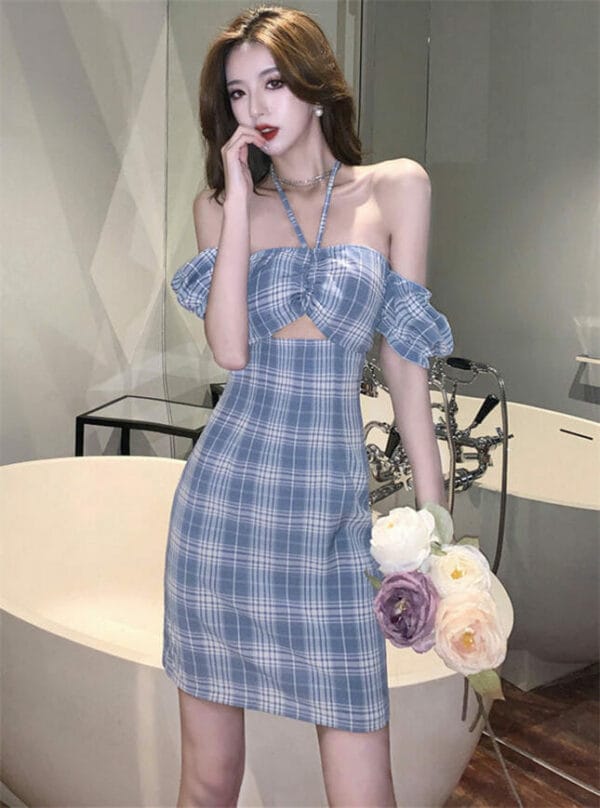 Sexy Wholesale Hollow Out Boat Neck Plaids Halter Dress 1
