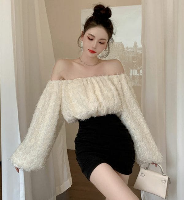 Sexy Women 2 Colors Boat Neck Tassels Puff Sleeve Blouse 2
