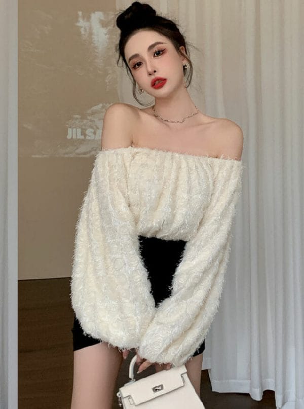 Sexy Women 2 Colors Boat Neck Tassels Puff Sleeve Blouse 1