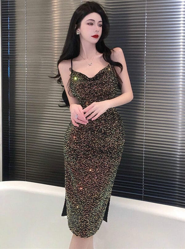 Sexy Women Fitted Waist V-neck Sequins Straps Dress 1