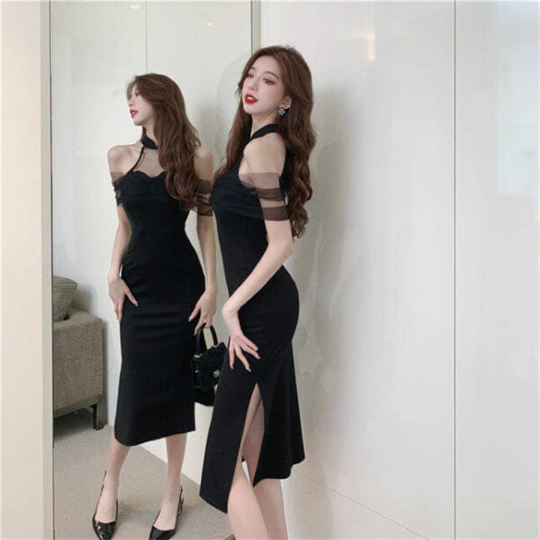 Sexy Women Gauze Off Shoulder Split Cheongsam Dress 4