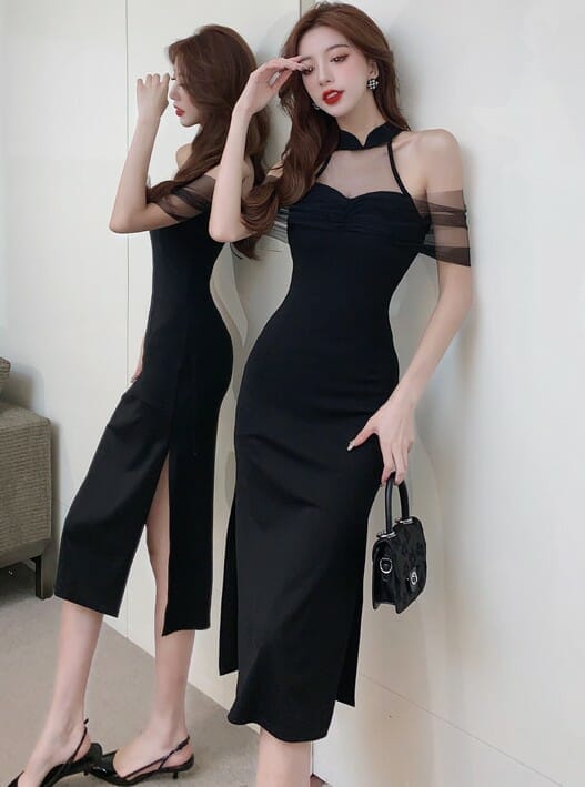 Sexy Women Gauze Off Shoulder Split Cheongsam Dress • Seoulinspired