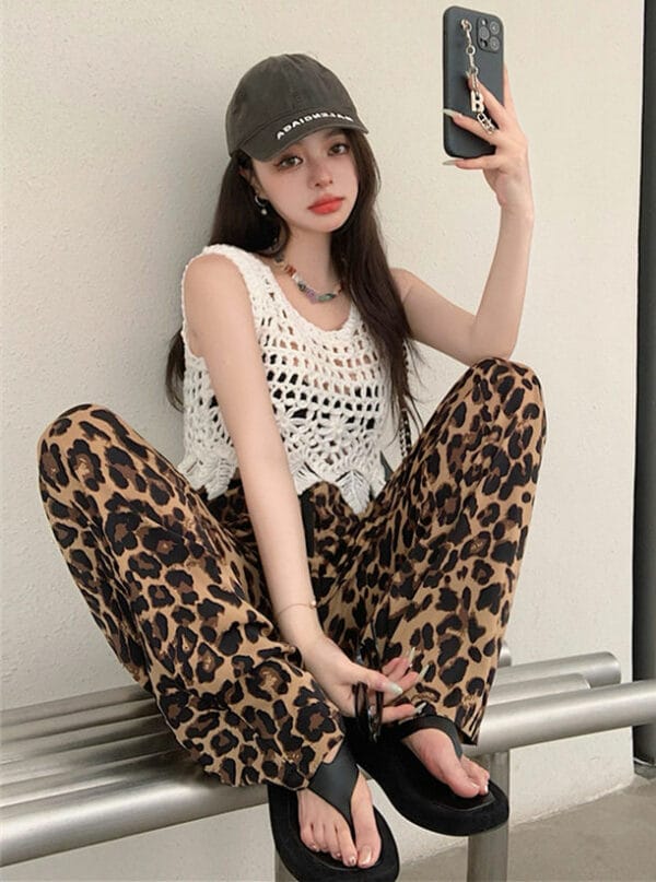 Sexy Woven Camisole with Wide-leg Leopard Casual Pants 4