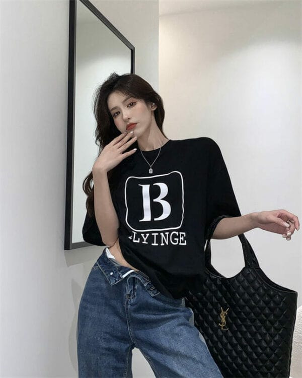 Simple Fashion 2 Colors Letters Printings Oversize Cotton Tee 6